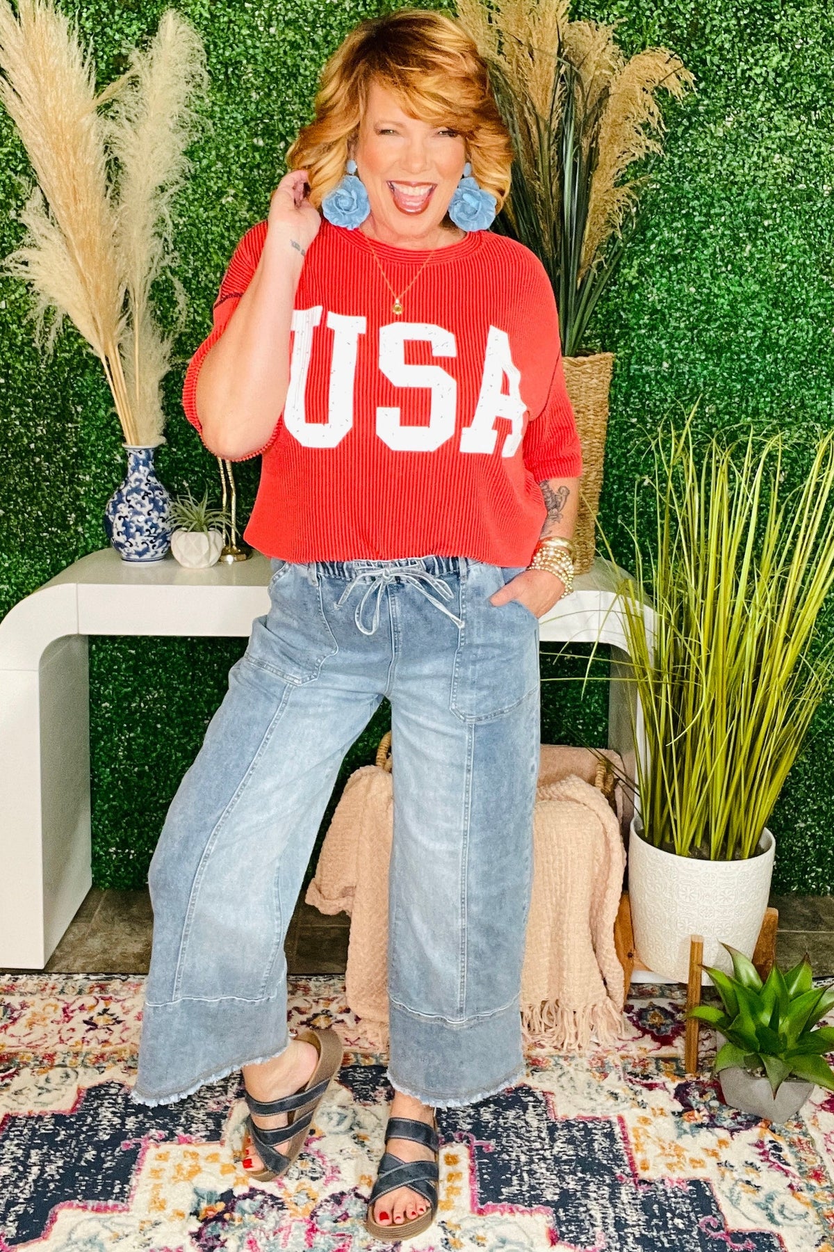 Worth Your While Light Blue Drawstring Wide Leg Denim Pant
