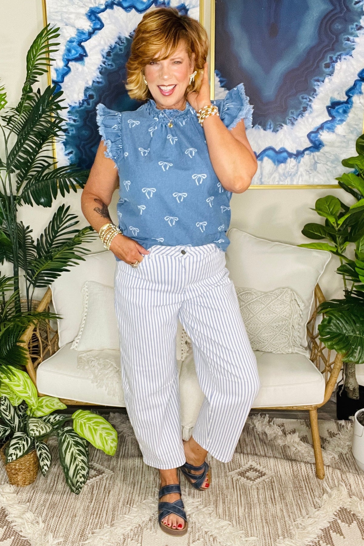 Darling Dreamer Flutter Sleeve Denim Bow Top