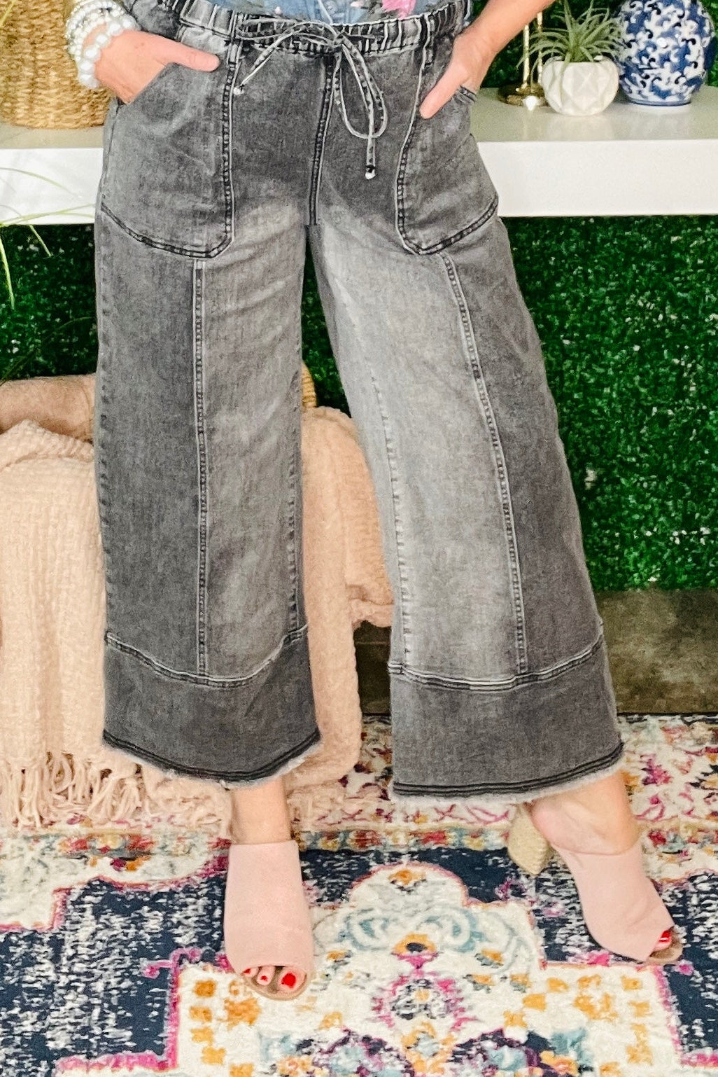 Worth Your While Gray Drawstring Wide Leg Denim Pant
