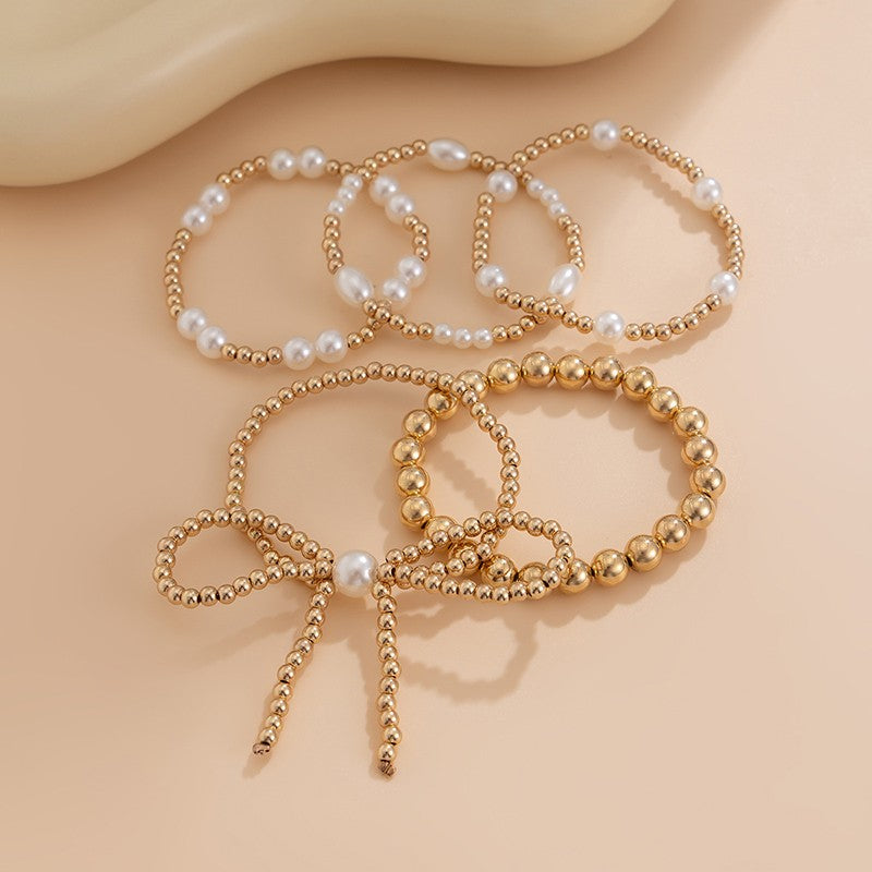 Multilayer Ball Chain Bead Pearl Bow Bracelet - B020PR