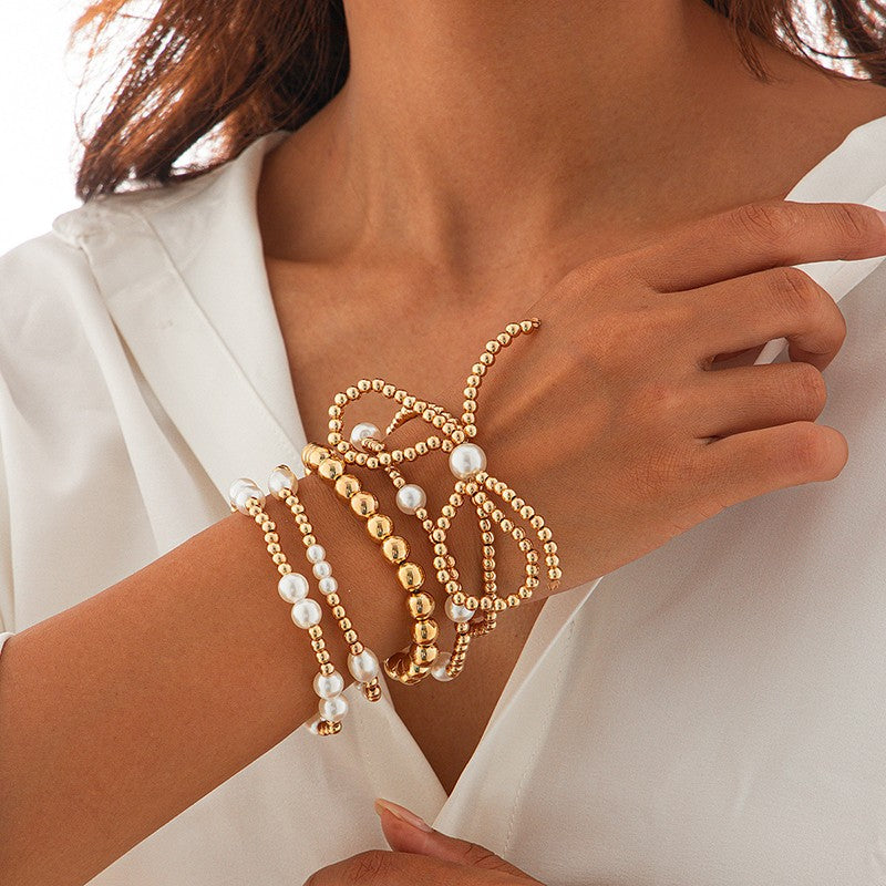 Multilayer Ball Chain Bead Pearl Bow Bracelet - B020PR