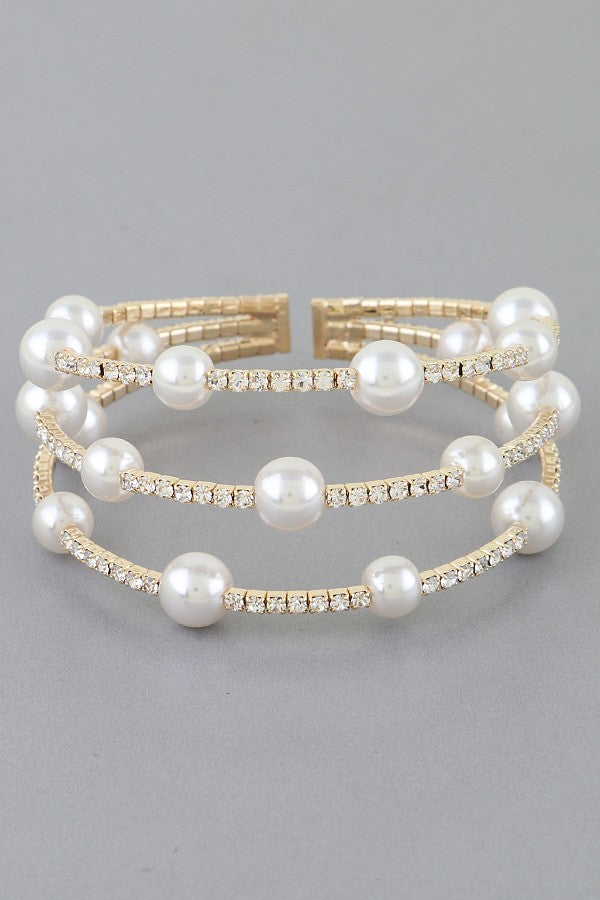 Gold Triple Pearl Jeweled Bracelet - B024GO