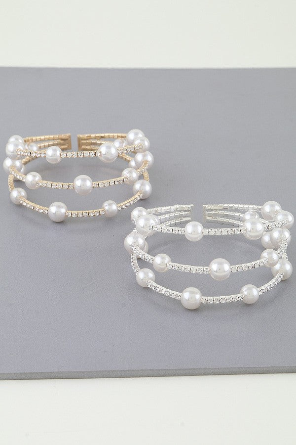 Silver Triple Pearl Jeweled Bracelet - B025SI