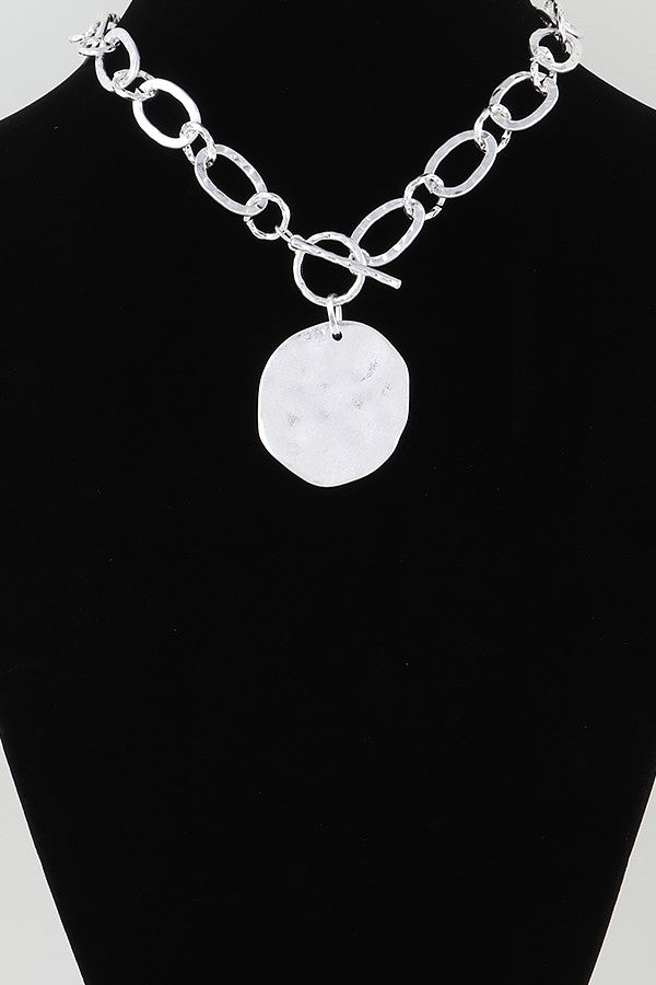 Silver Hammered Disk Toggle Chain Necklace - N063SI