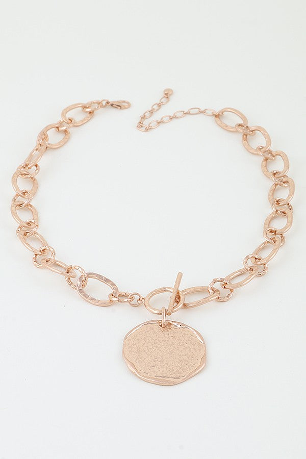 Gold Hammered Disk Toggle Chain Necklace - N064GO