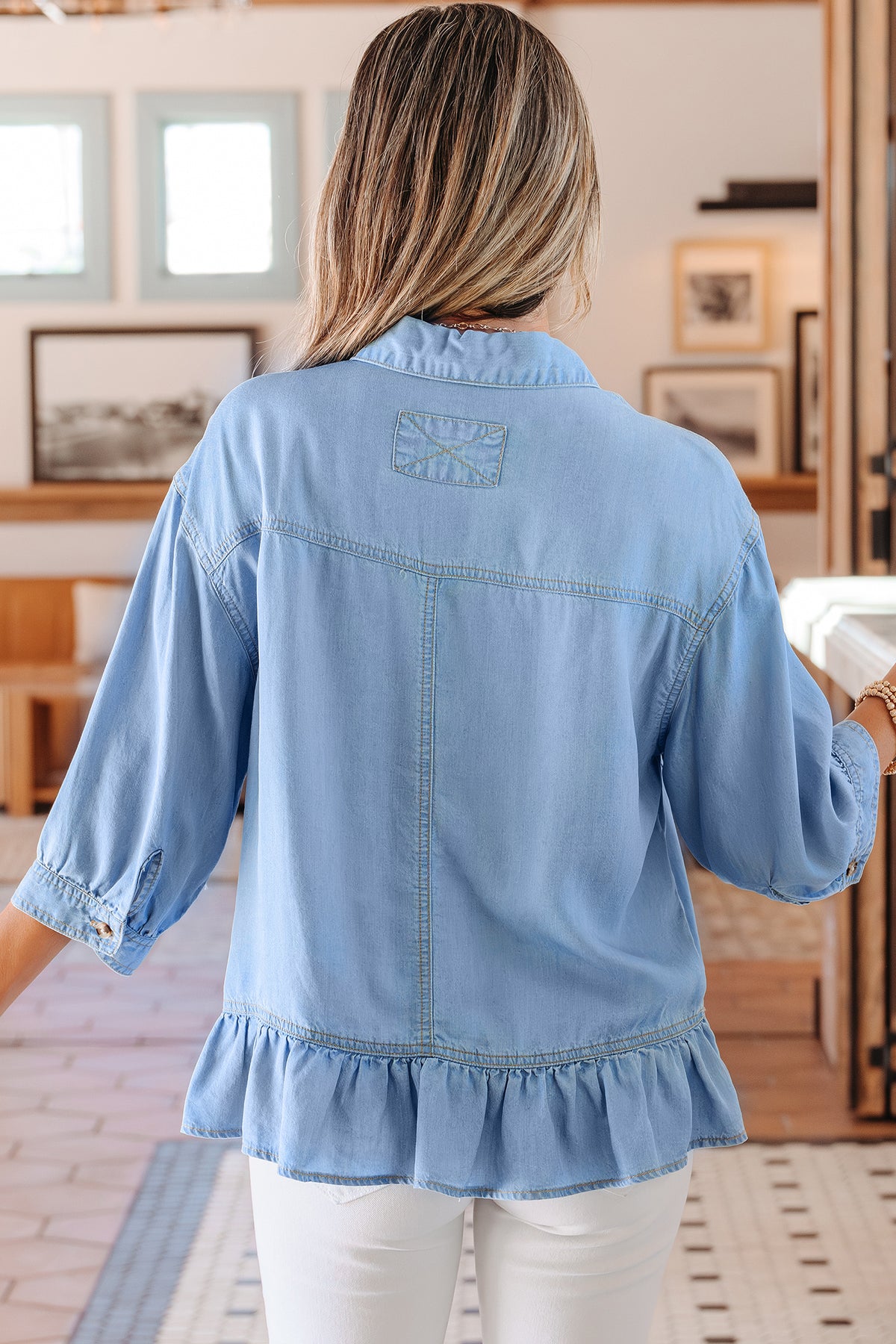 Street Chic Ruffled High Low Chambray Top