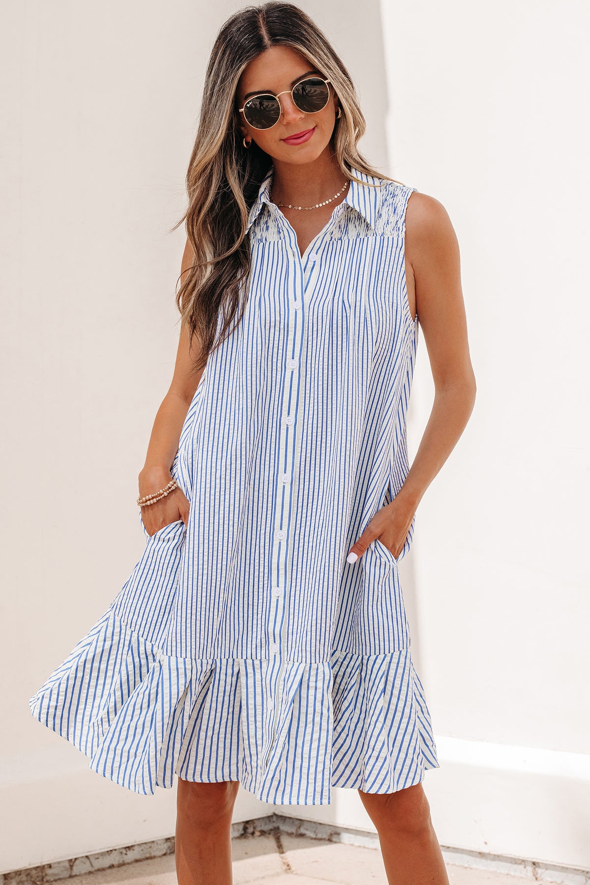 Blue Skies Ahead Stripe Shirt Collar Dress