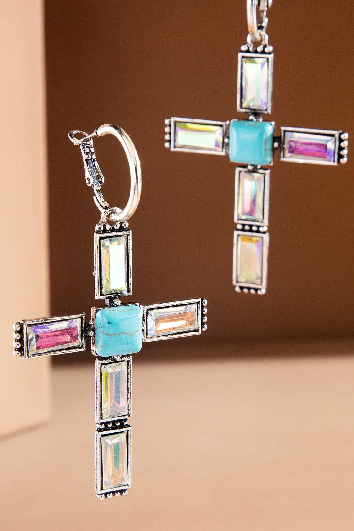 Turquoise AB Crystal Bar Stone Cross Earrings - E058TU