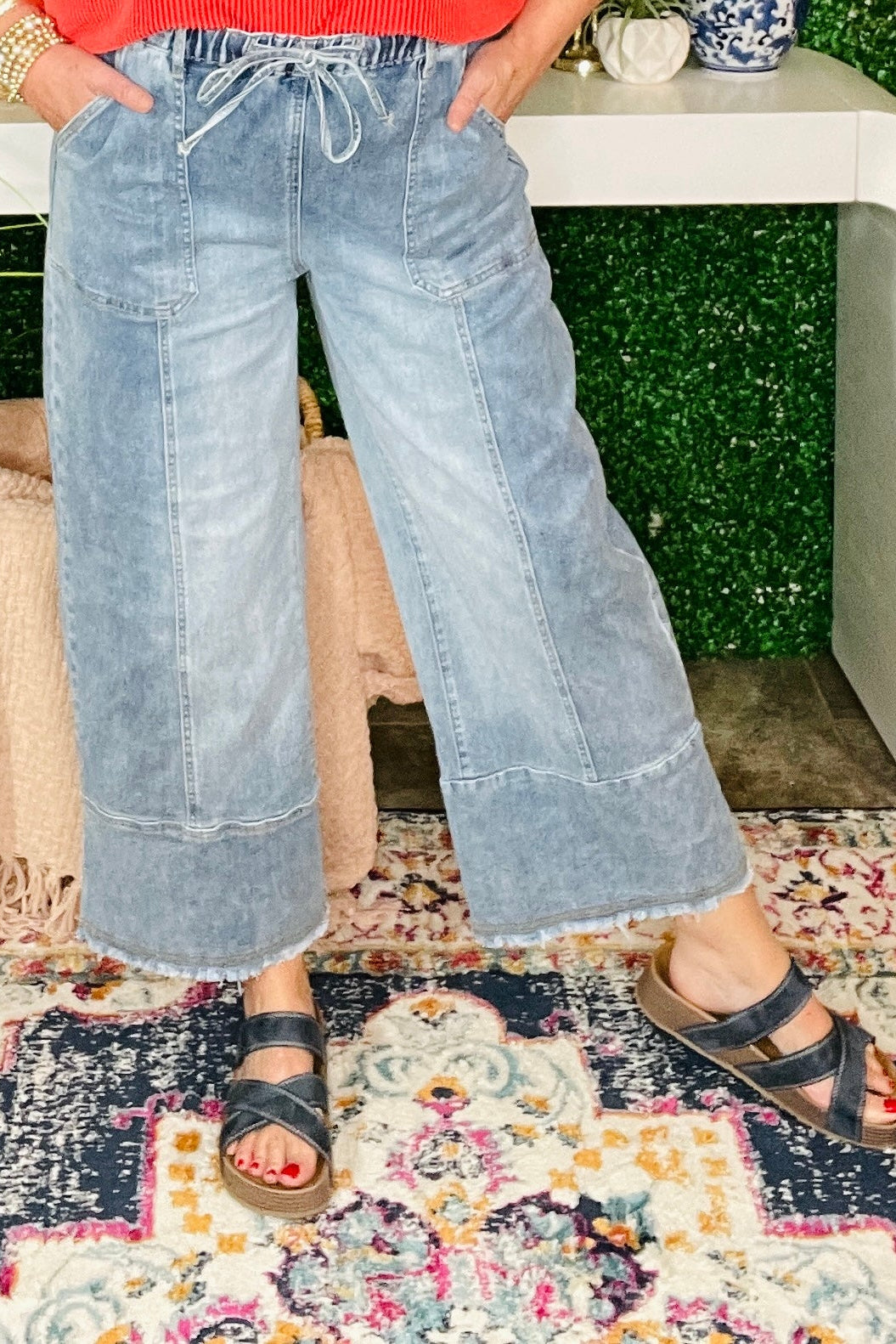 Worth Your While Light Blue Drawstring Wide Leg Denim Pant