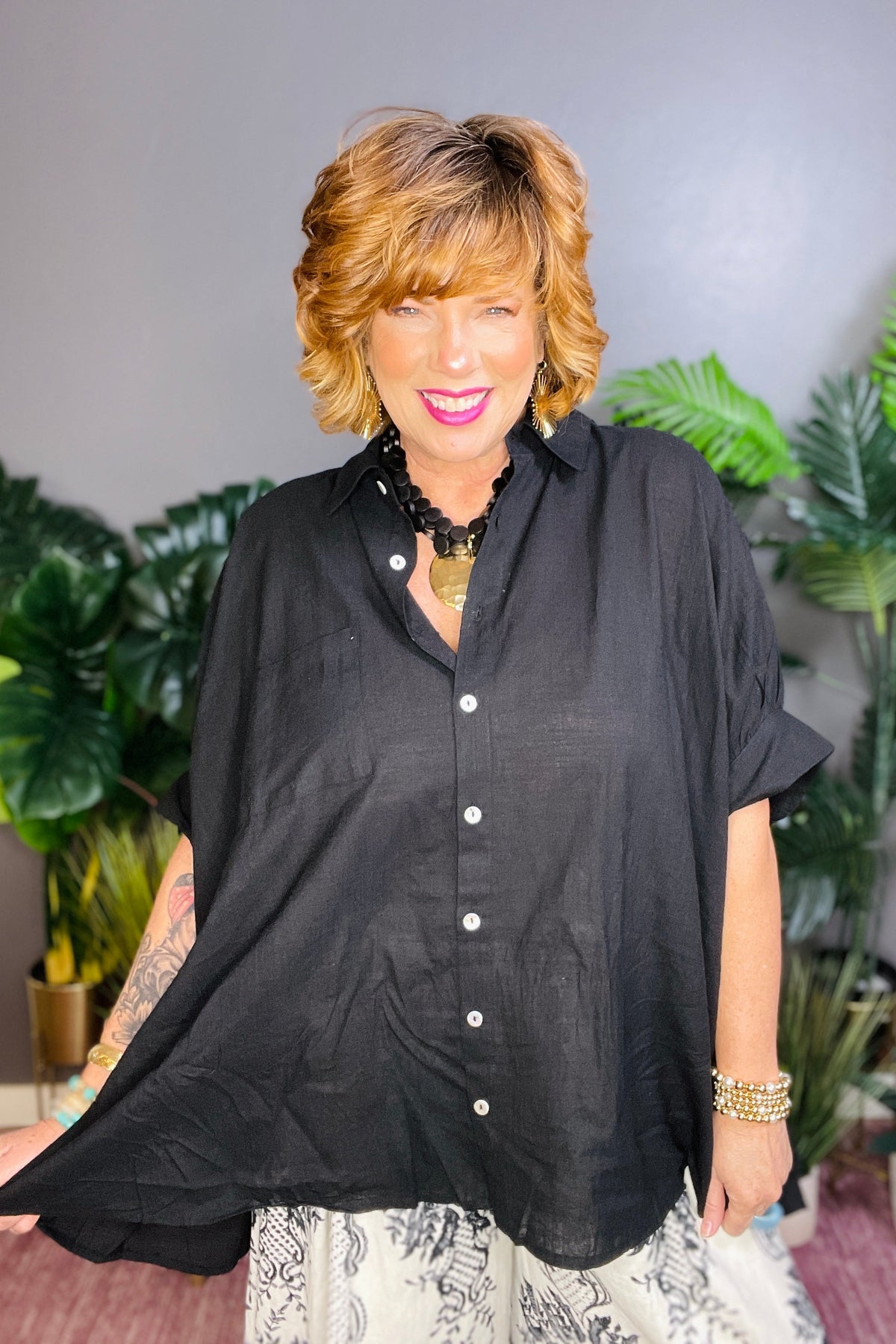 Early Start Black Button Down Dolman Top