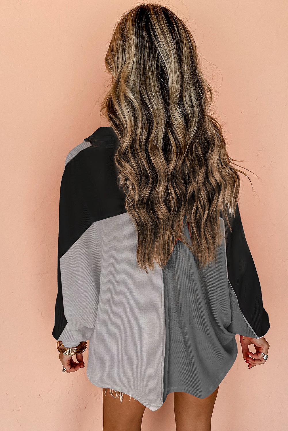 Colorblock Crush Ribbed Collared Oversized Top