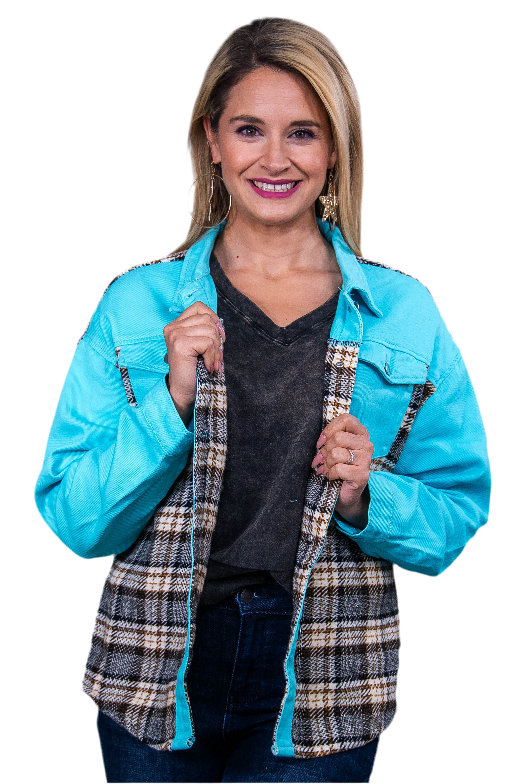Brighten My Day Turquoise/Multi Color Plaid Jacket - O5566TU