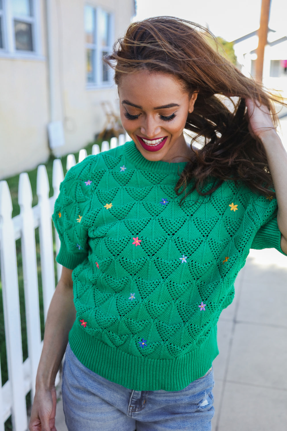 Flower Power Embroidered Crochet Textured Short Sleeve Sweater - T10989GN