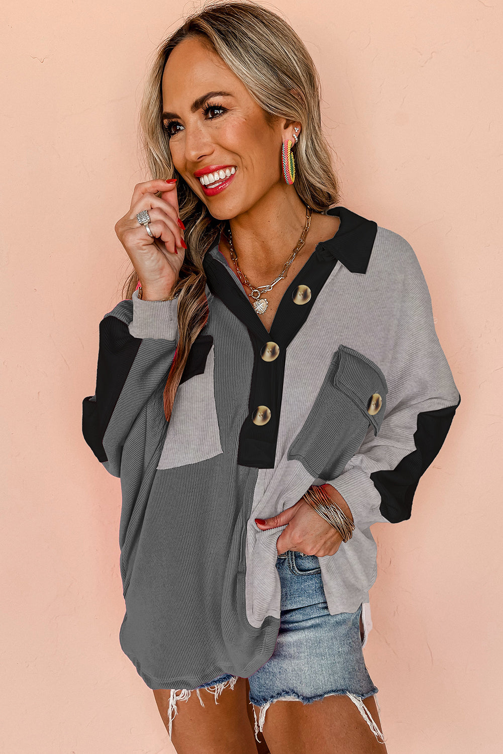 Colorblock Crush Ribbed Collared Oversized Top