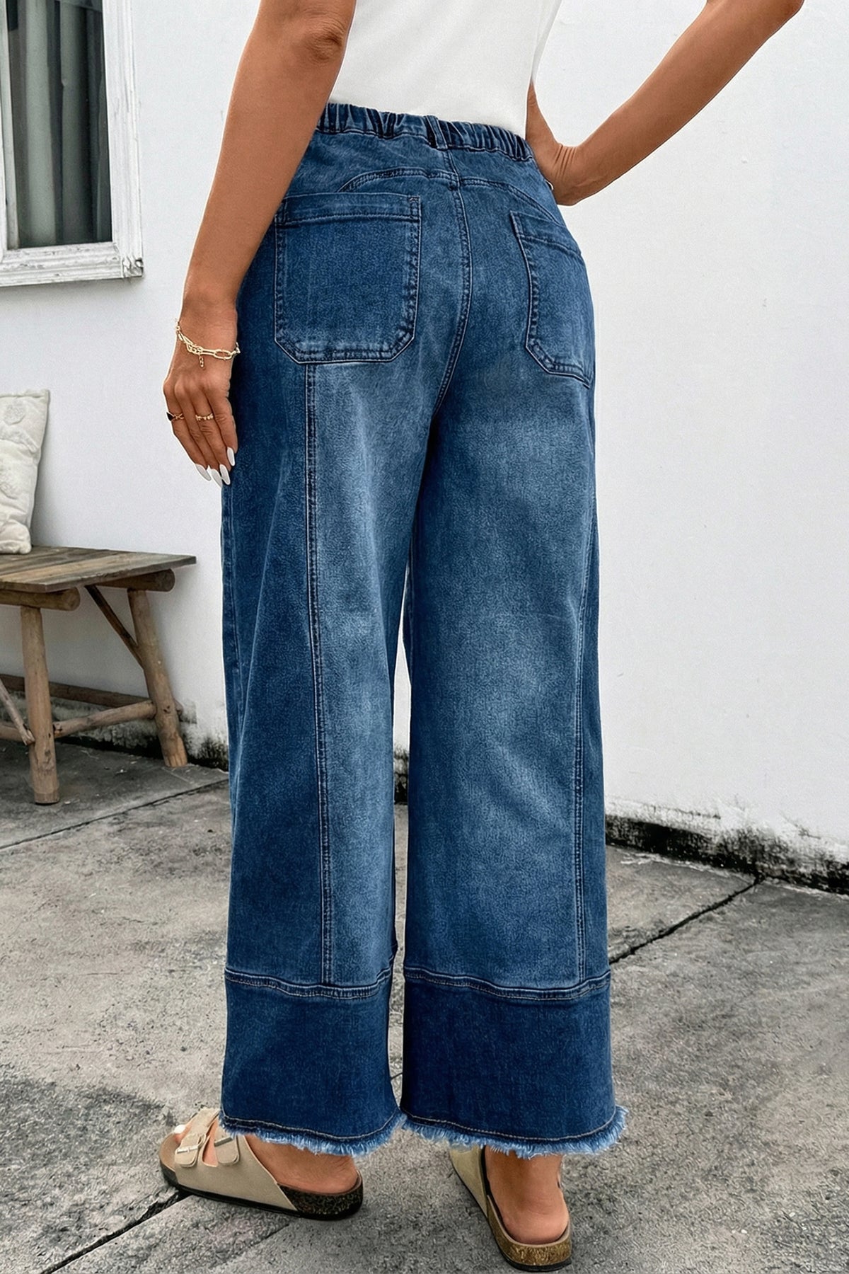 Worth Your While Dark Blue Drawstring Wide Leg Denim Pant
