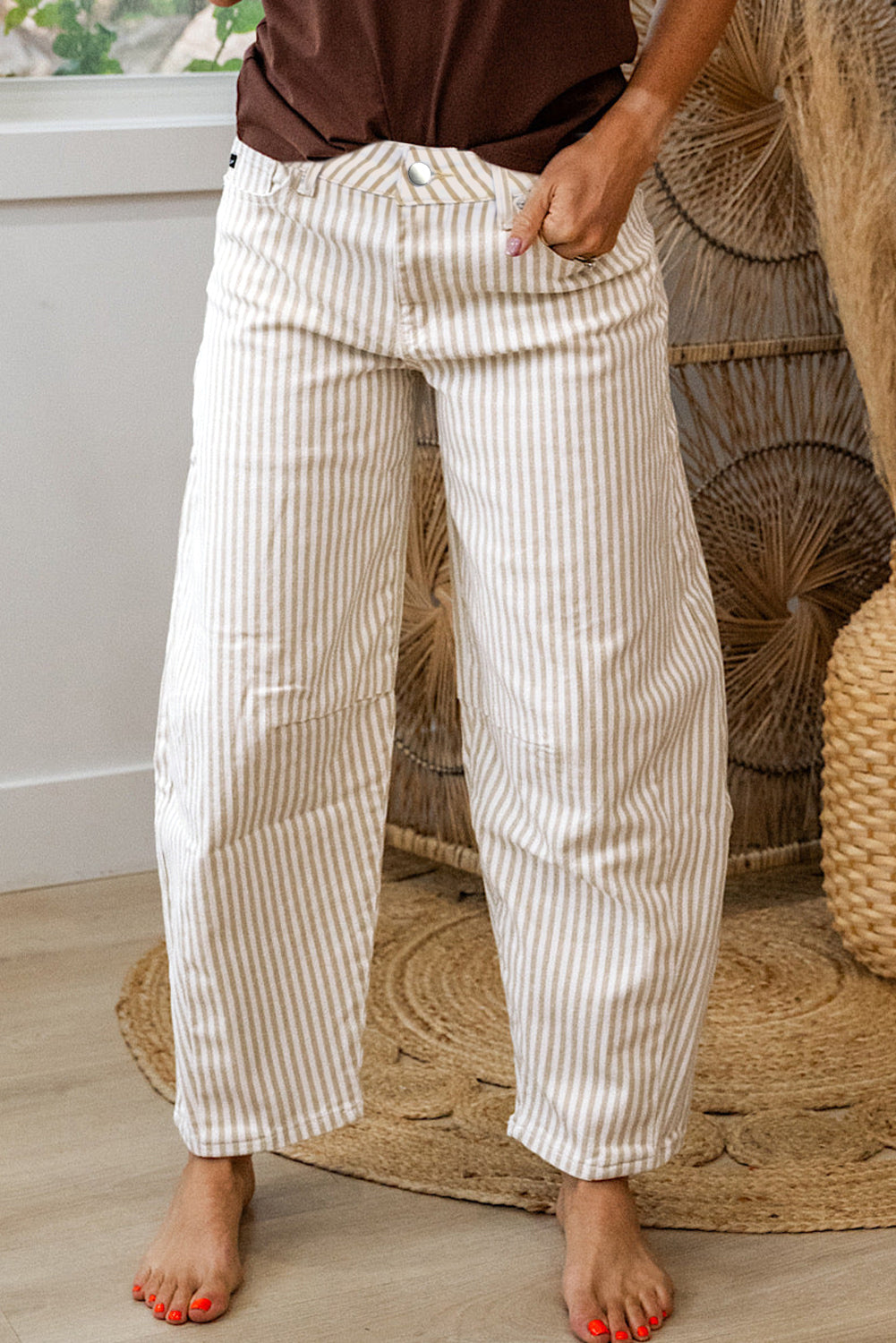 Just Feels Right Khaki Stripe Casual Barrel Jeans