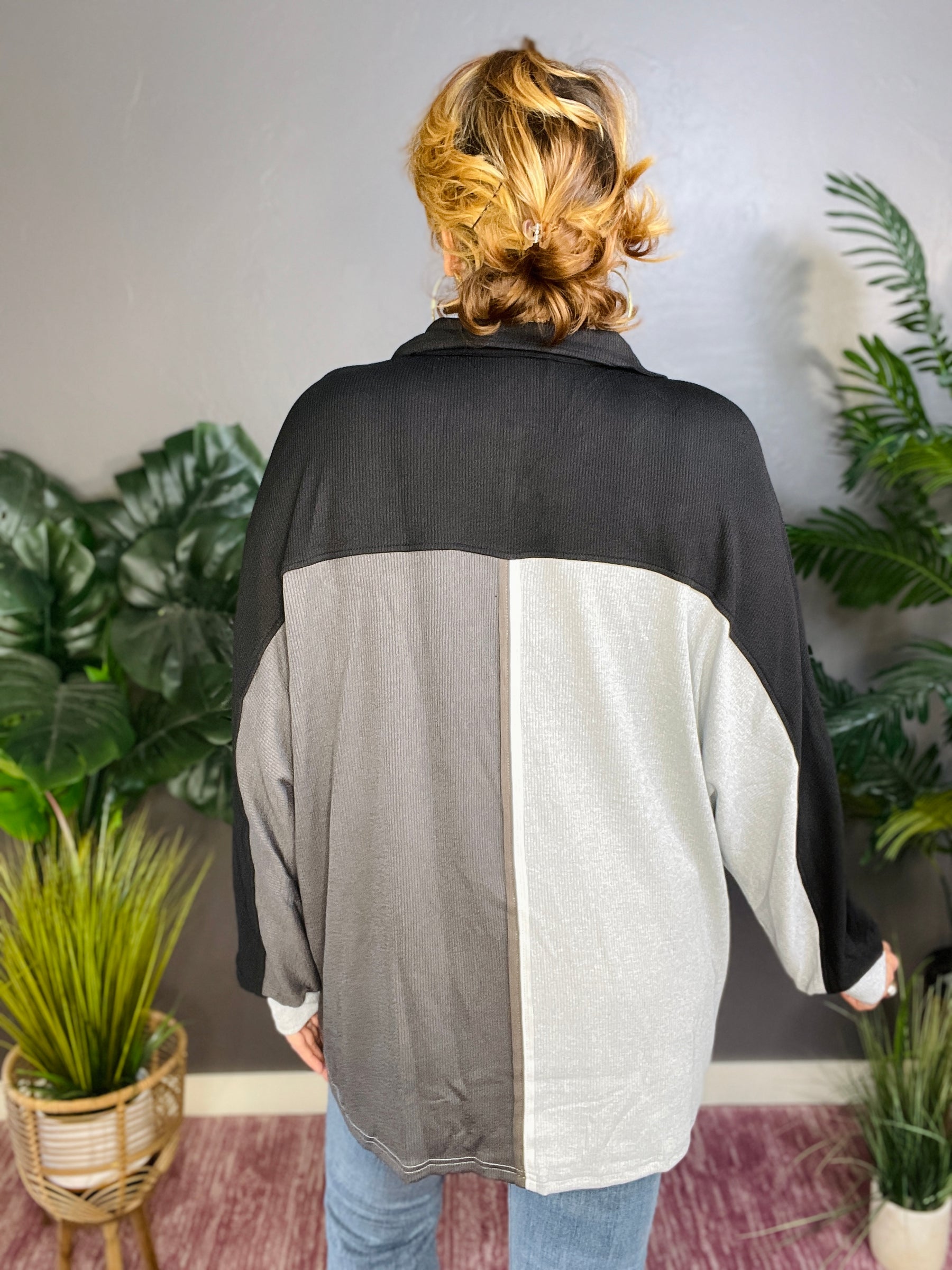 Colorblock Crush Ribbed Collared Oversized Top