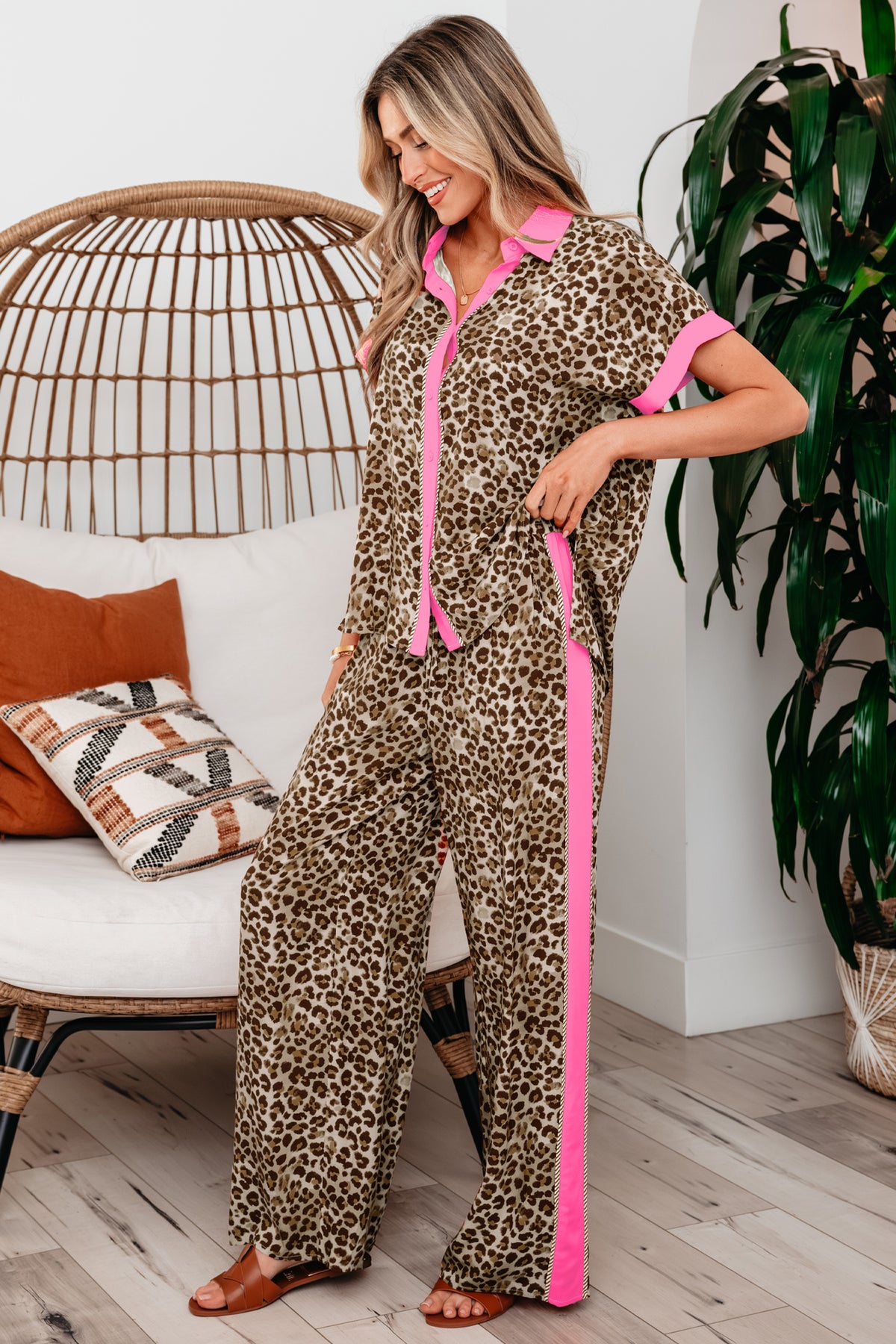 Time To Relax Leopard Pink Stripe Top and Pants Set
