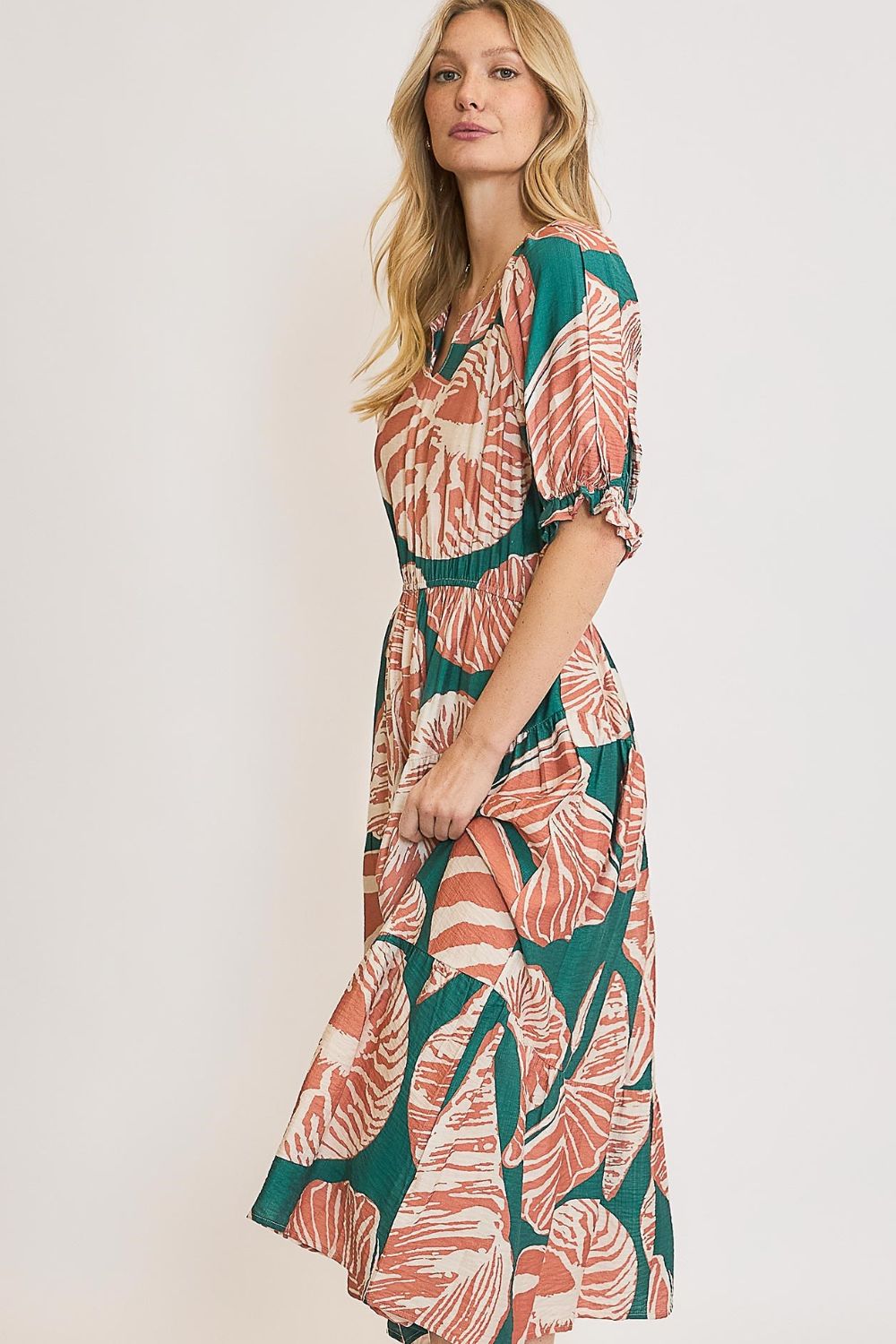 All Things Chic Green/Clay Printed Midi Dress - D5710GN