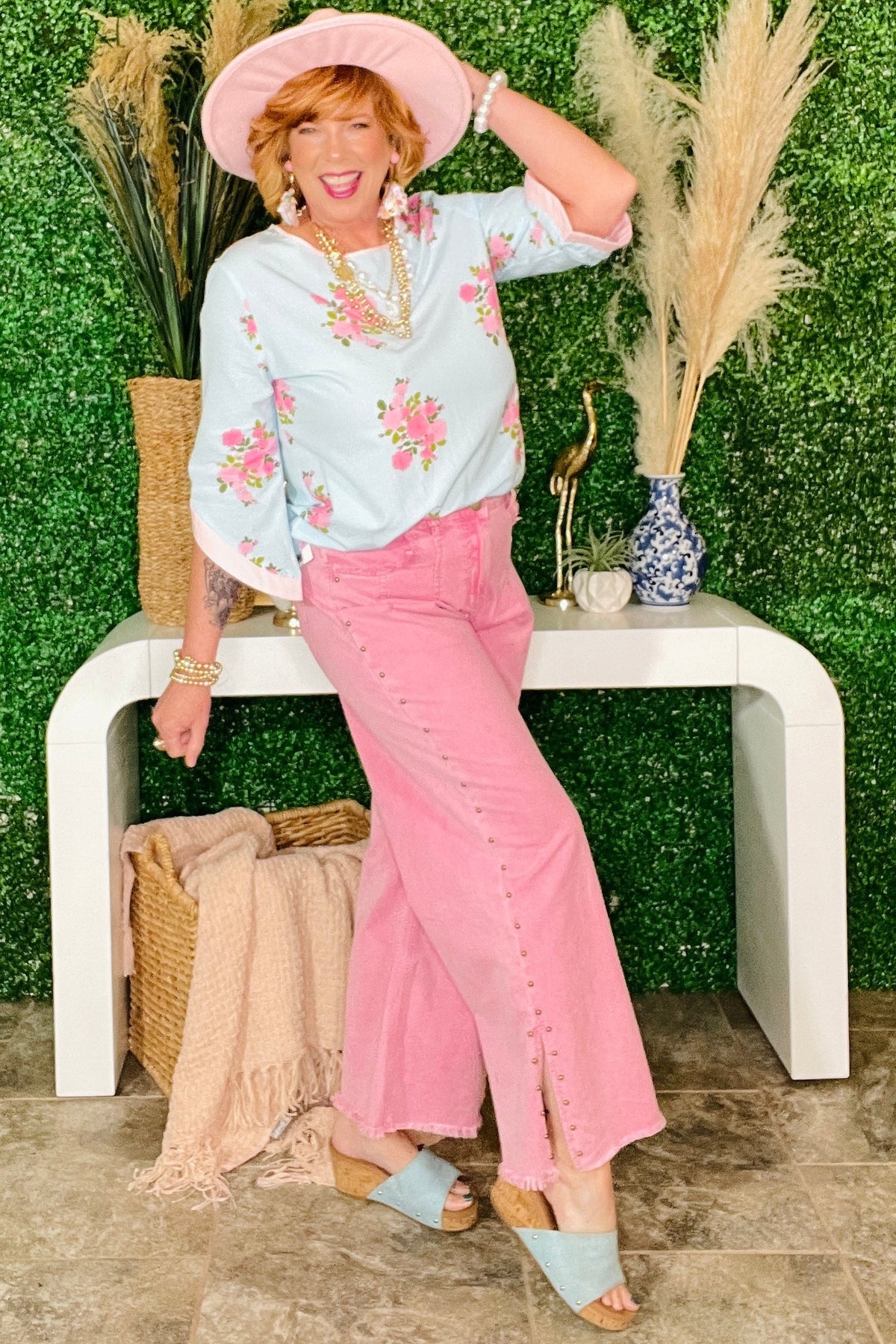 Delaney Pink Studded Side Slit Frayed Wide Leg Jeans