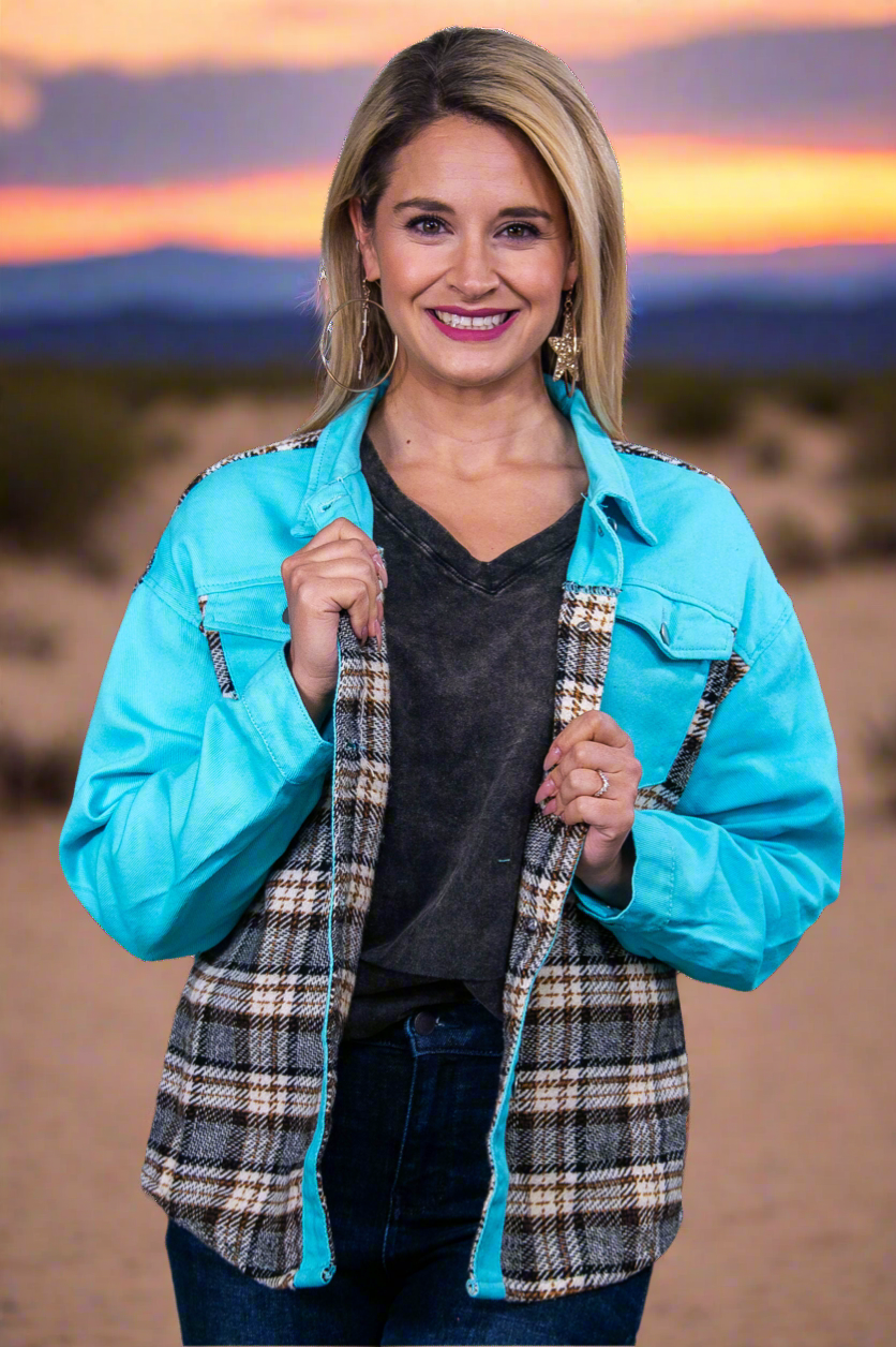 Brighten My Day Turquoise/Multi Color Plaid Jacket - O5566TU