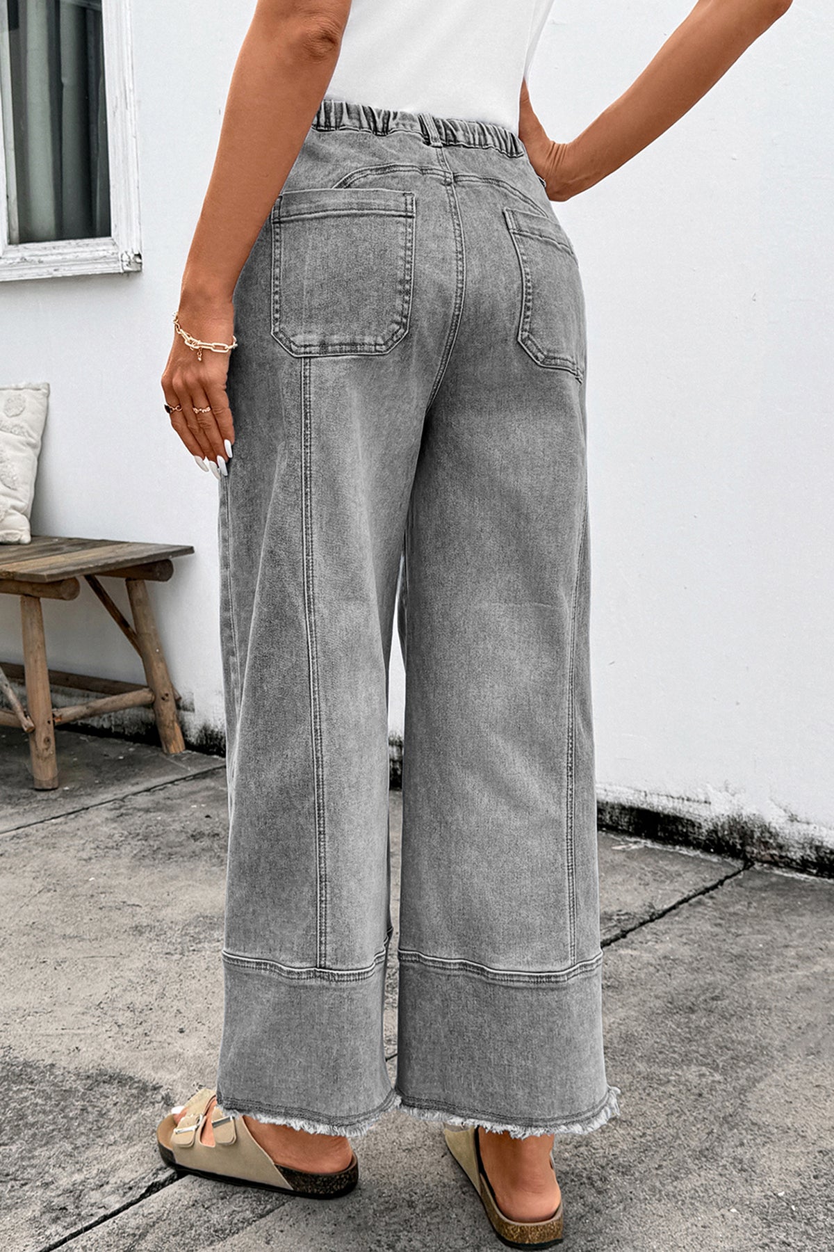Worth Your While Gray Drawstring Wide Leg Denim Pant