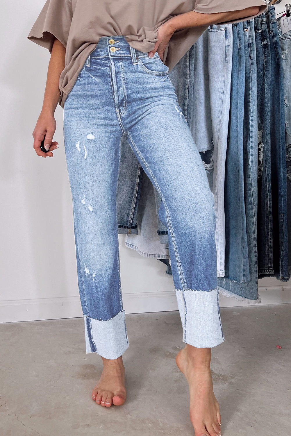 Cara High Waist Light Blue Distressed Straight Leg Jeans