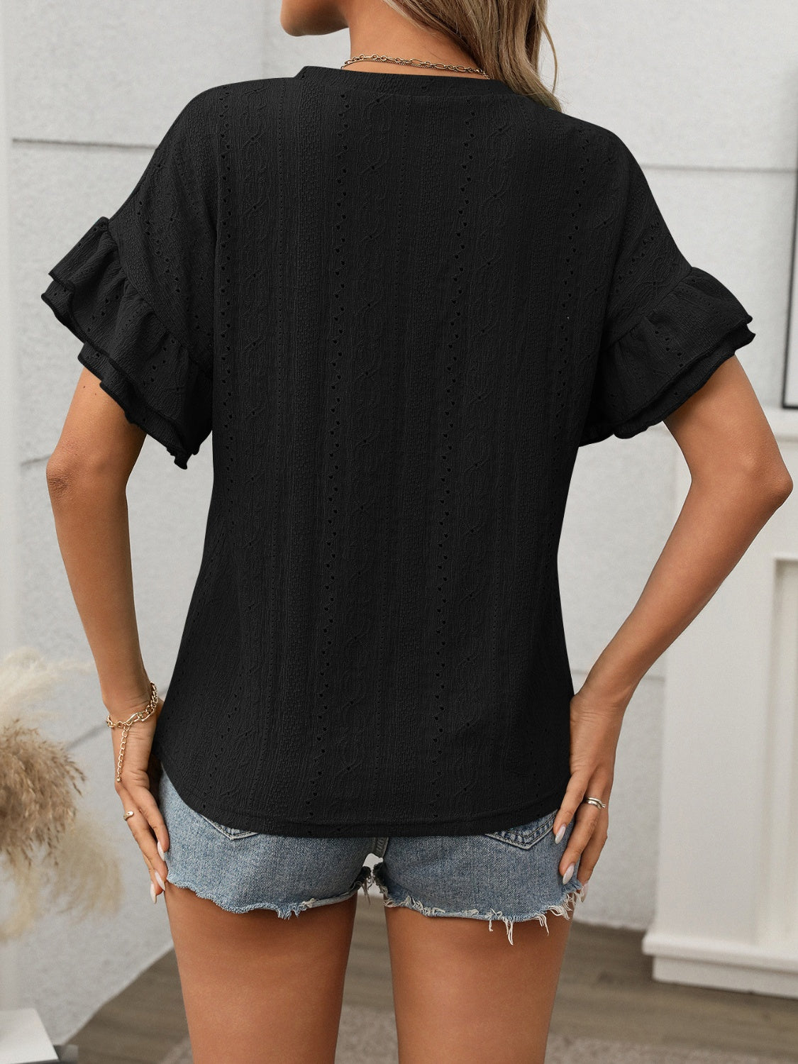 Ruffle Reign Eyelet Flounce Sleeve Black Top - T11088BK
