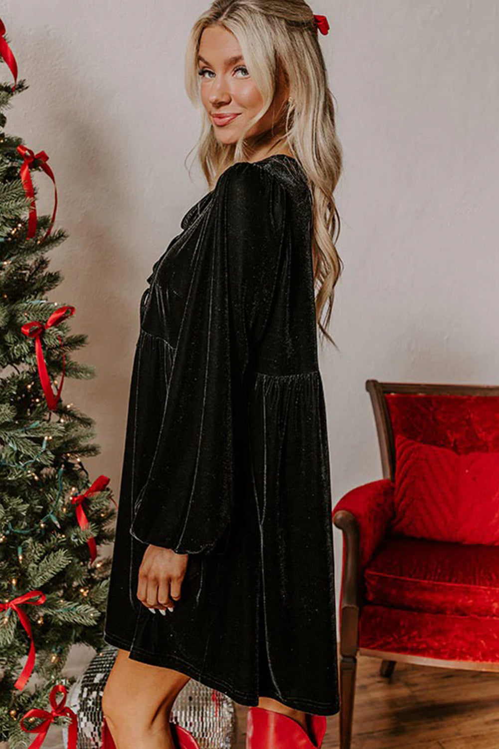 Dress Up Time Velvet Bubble Sleeve Mini Dress