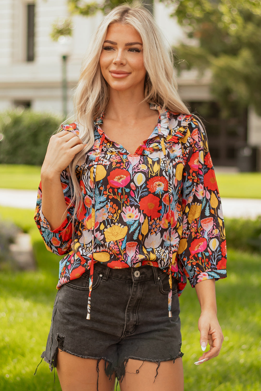 Flirty In Floral 3/4 Puff Sleeve Top