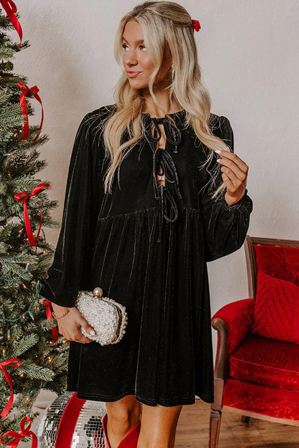 Dress Up Time Velvet Bubble Sleeve Mini Dress