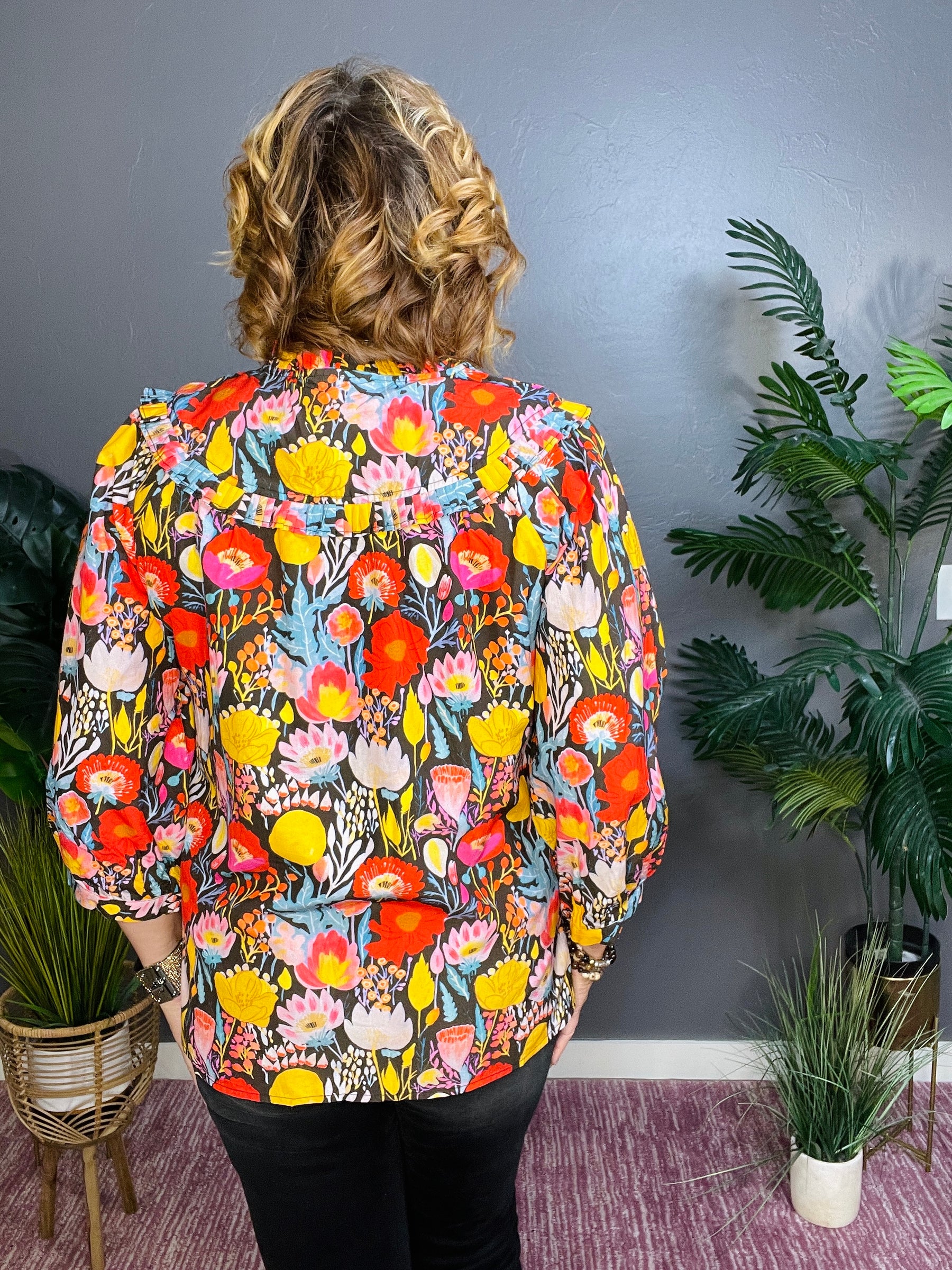 Flirty In Floral 3/4 Puff Sleeve Top