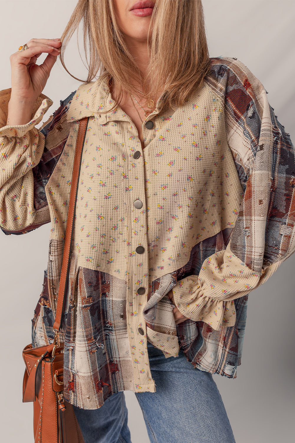 Simply Boho Blue Plaid Patchwork Distressed Waffle Knit Shacket