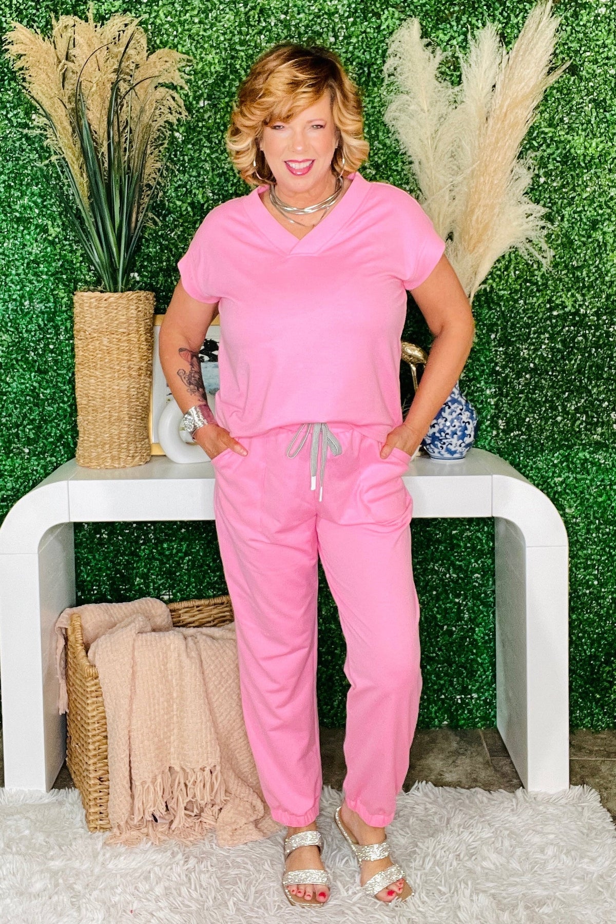 I Want Candy Pink V Neck Top And Drawstring Pant Set