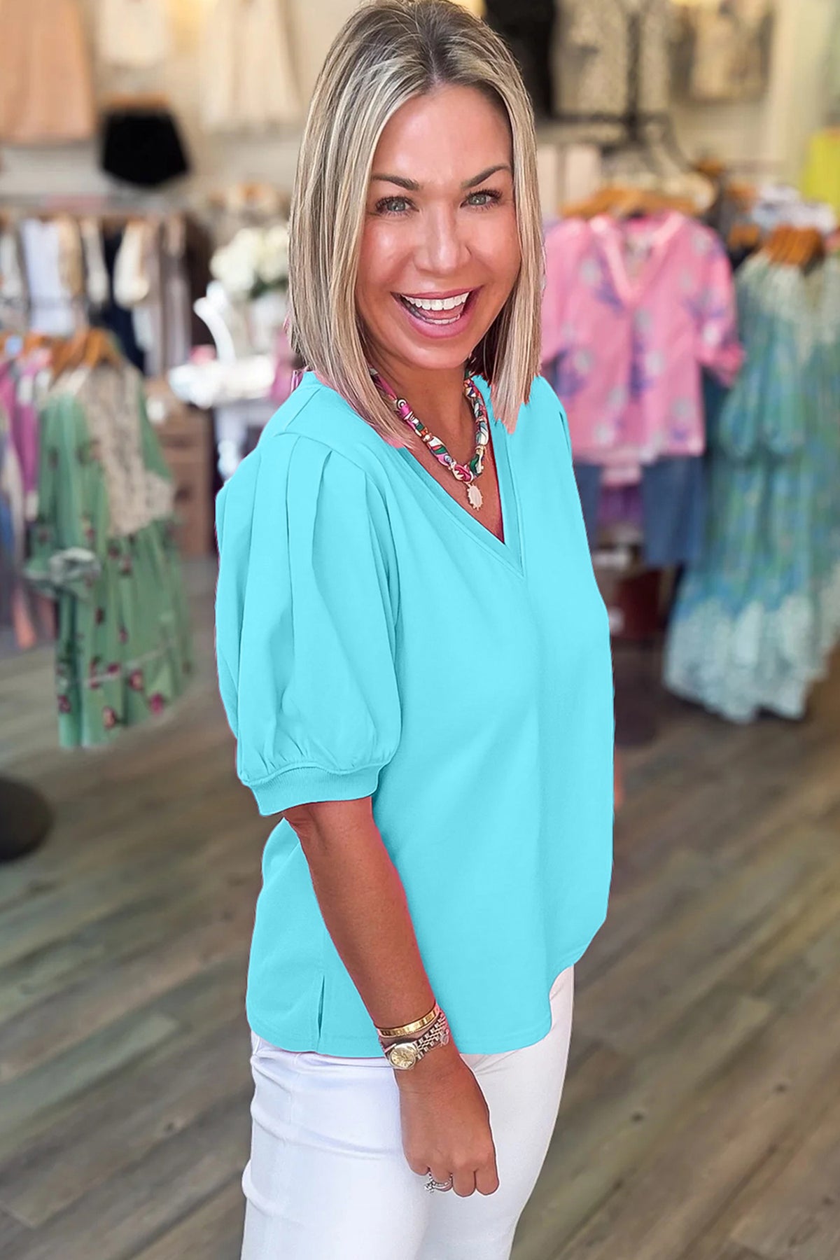Glam Girl Era Turquoise Puff Sleeve Top