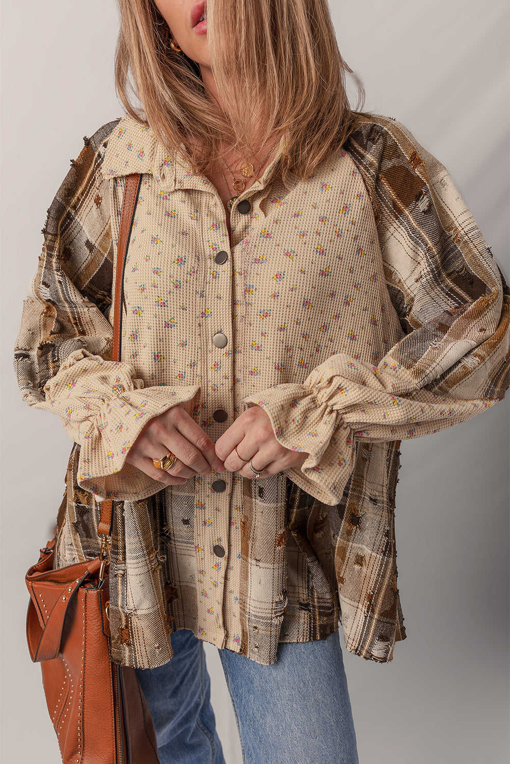 Simply Boho Oatmeal Plaid Patchwork Distressed Waffle Knit Shacket