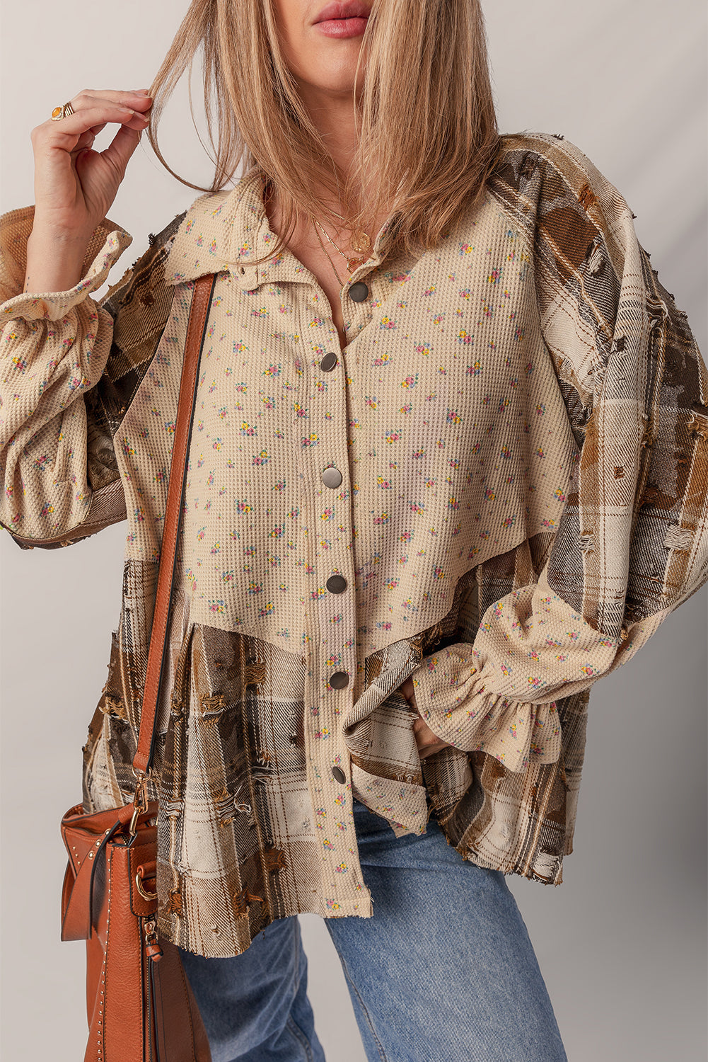 Simply Boho Oatmeal Plaid Patchwork Distressed Waffle Knit Shacket