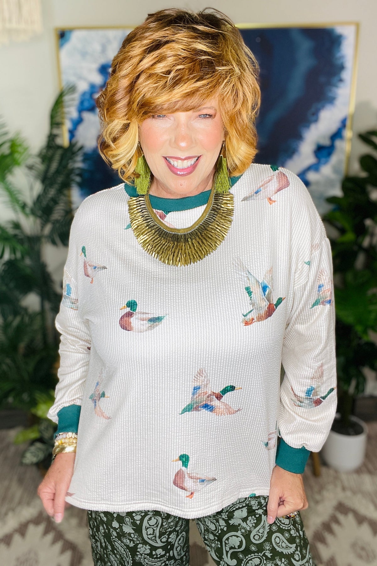 Southern Flight Ribbed Duck Print Top