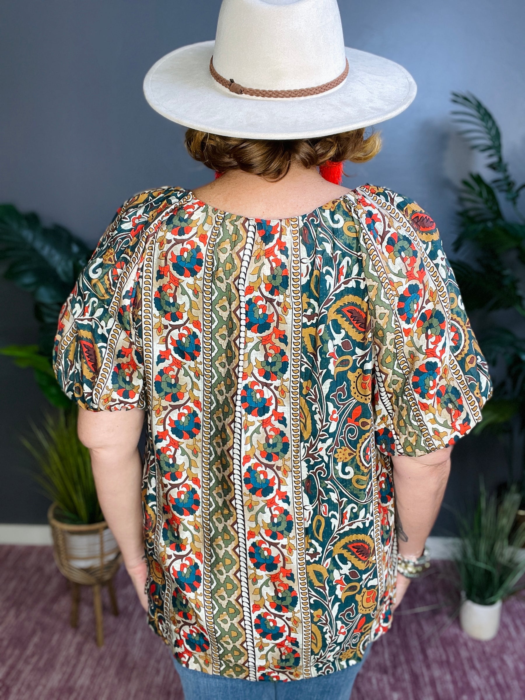 Boho Trend Floral Stripe Puff Sleeve Top