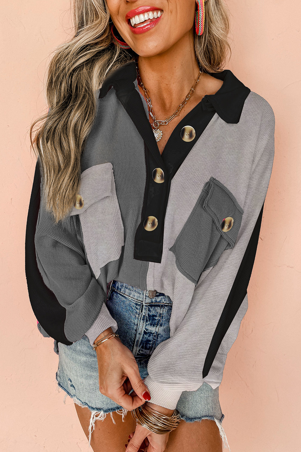 Colorblock Crush Ribbed Collared Oversized Top