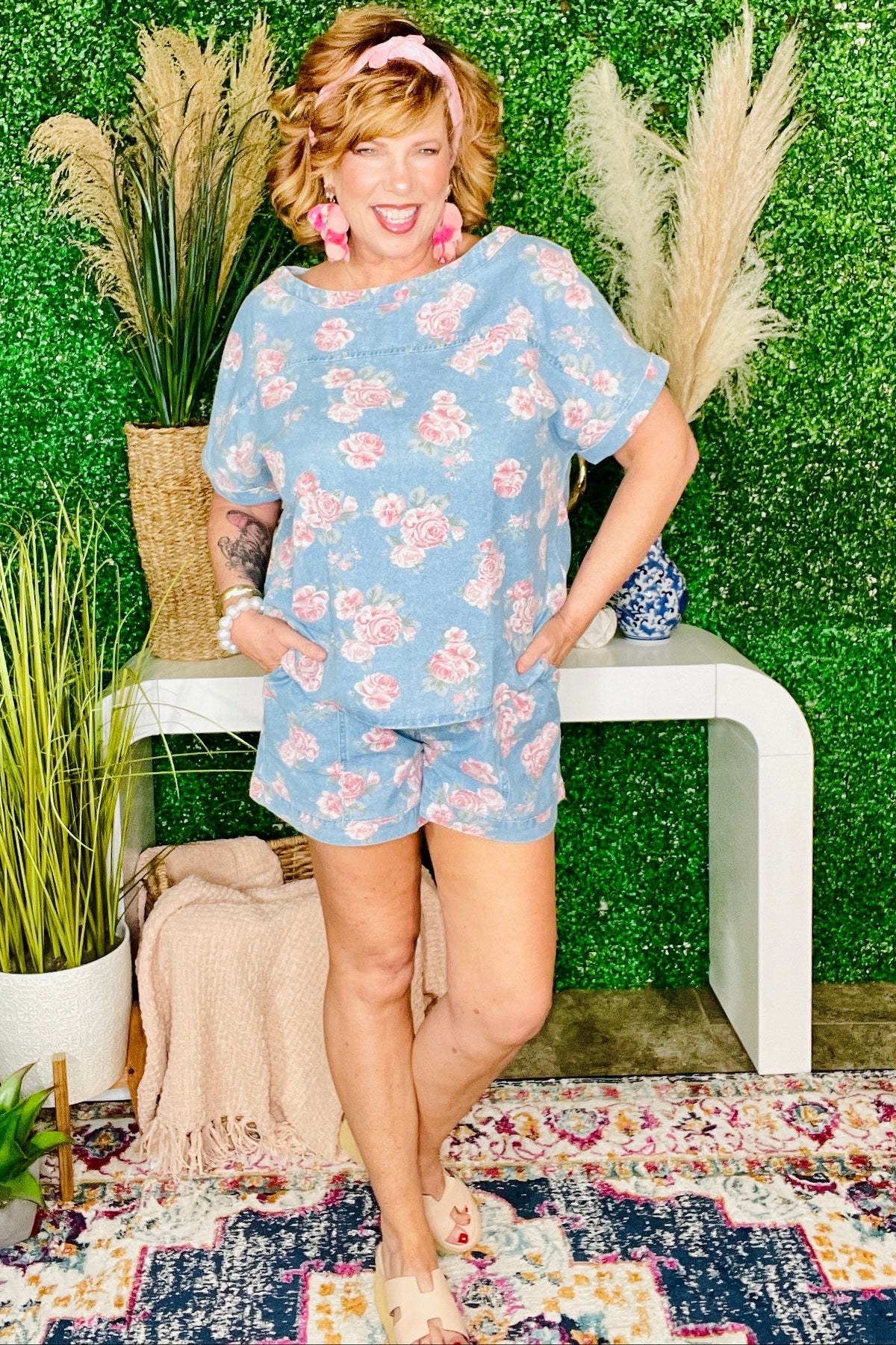Denim And Roses Vintage Top And Short Set