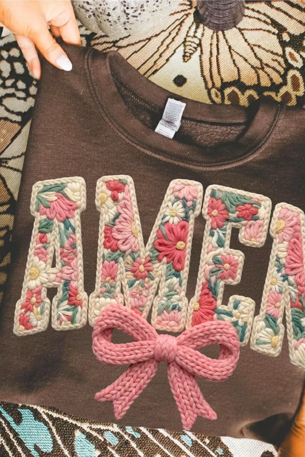 Amen in Stitches in Chocolate Graphic Tee and Sweatshirt