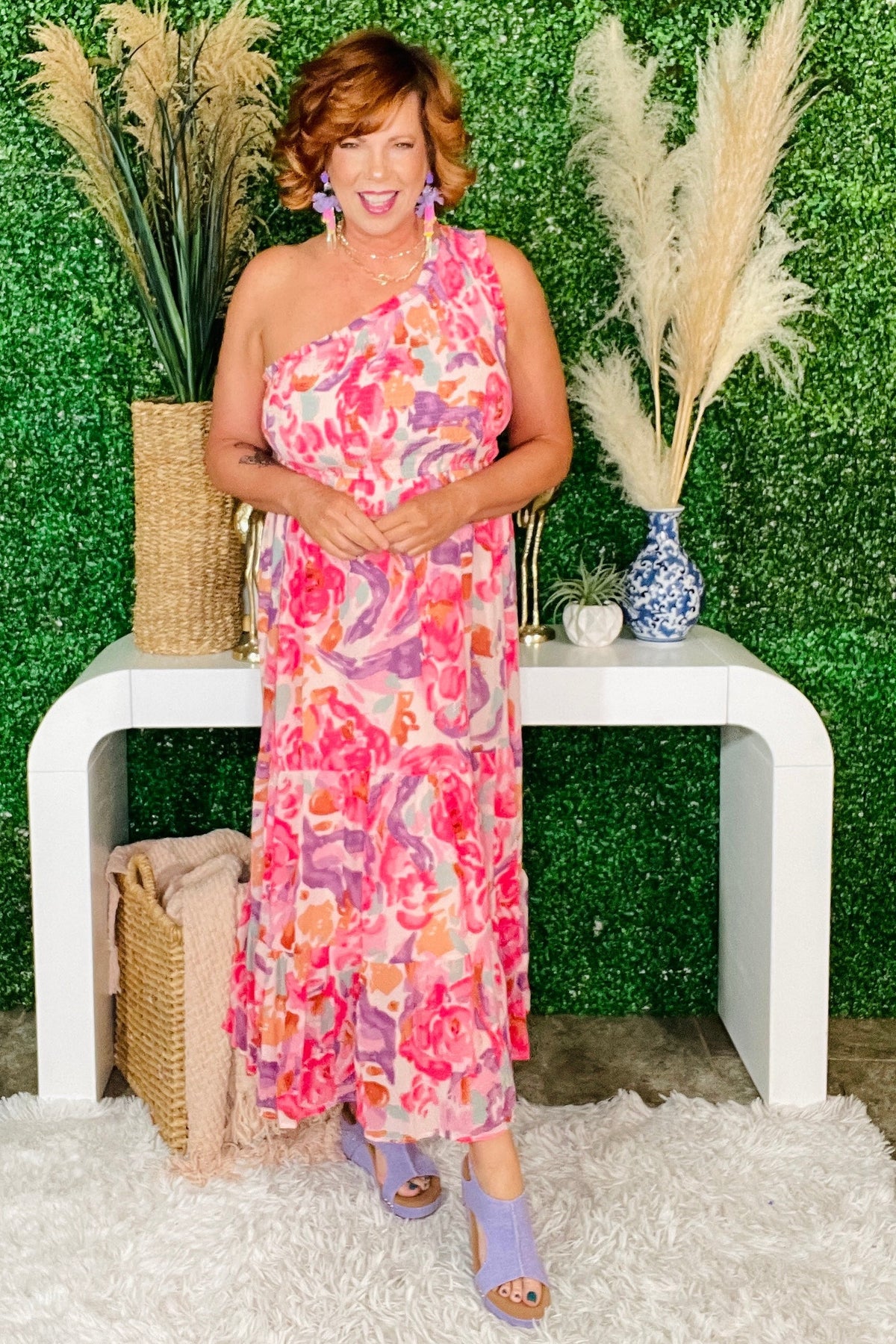 In Your Dreams Pink Floral One Shoulder Maxi Dress