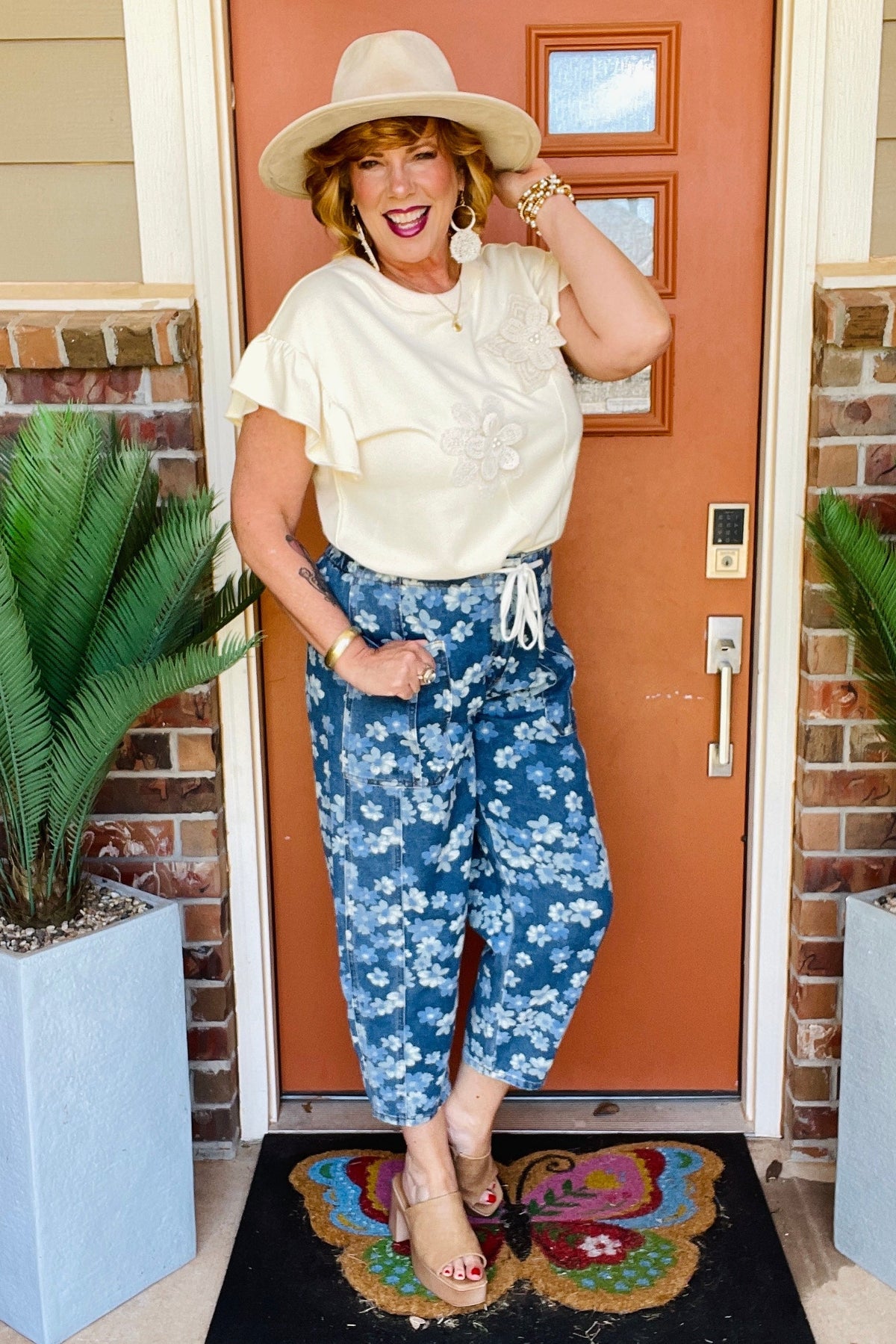 Boho Living Floral Printed Drawstring Barrel Jeans
