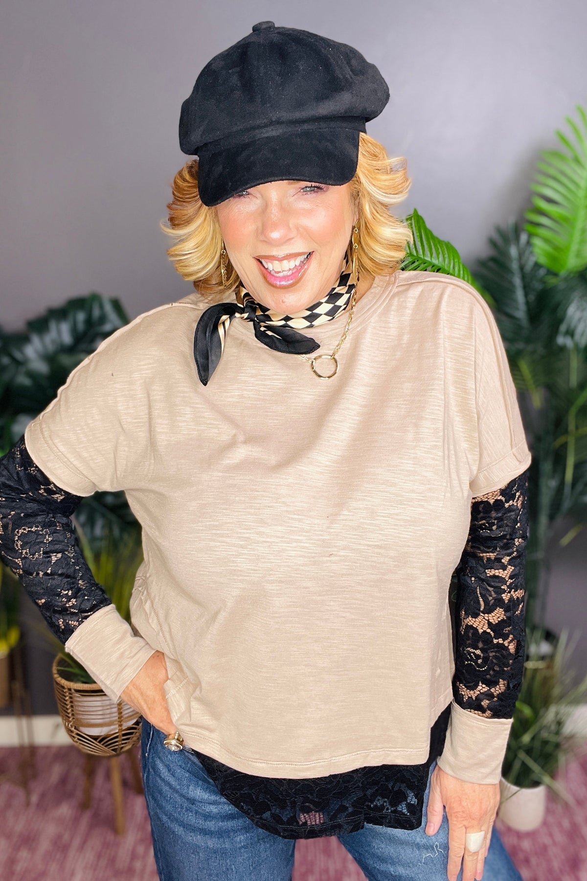 Lost In Lace Beige Sheer Lace Patchwork Top