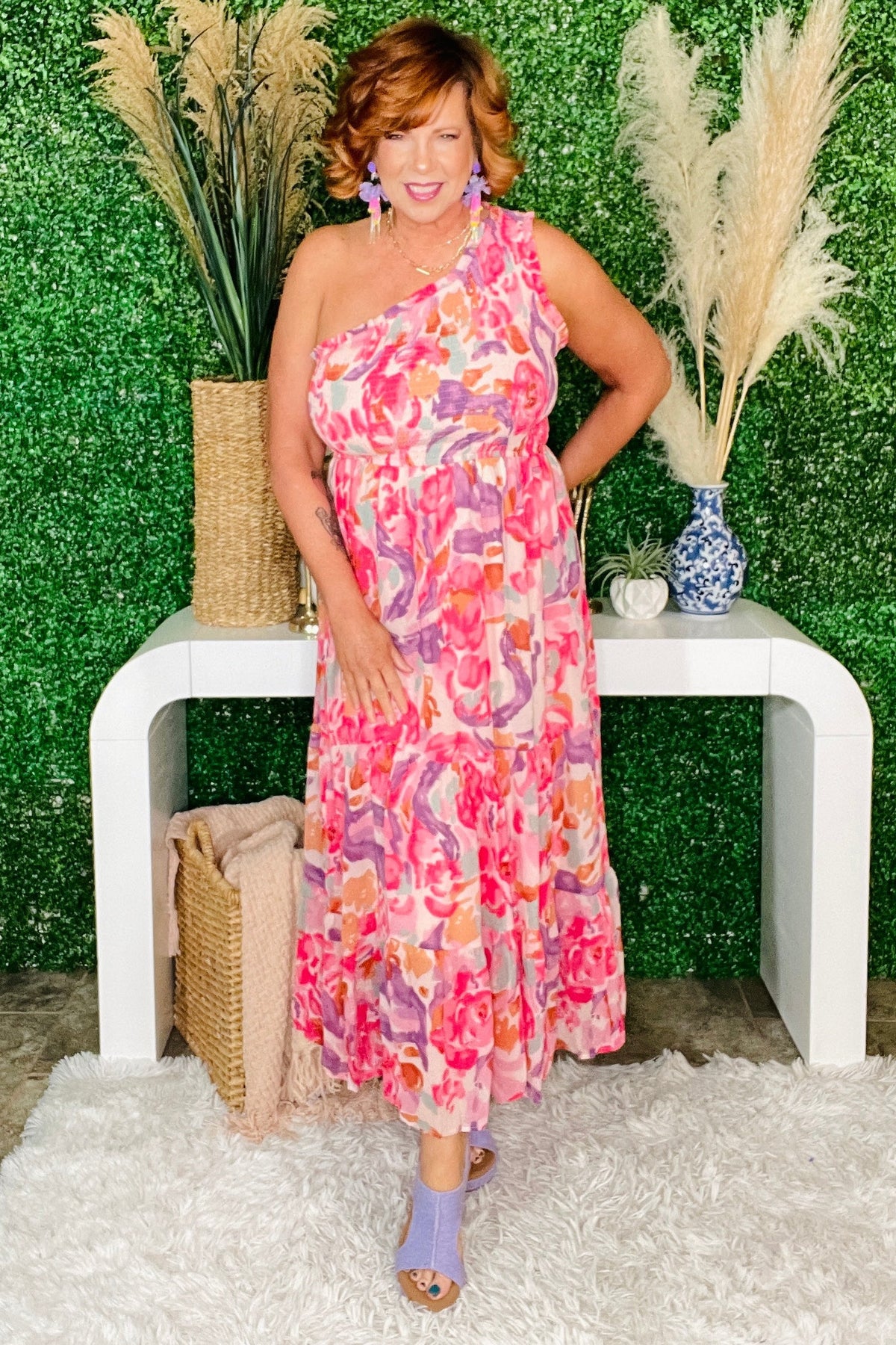 In Your Dreams Pink Floral One Shoulder Maxi Dress