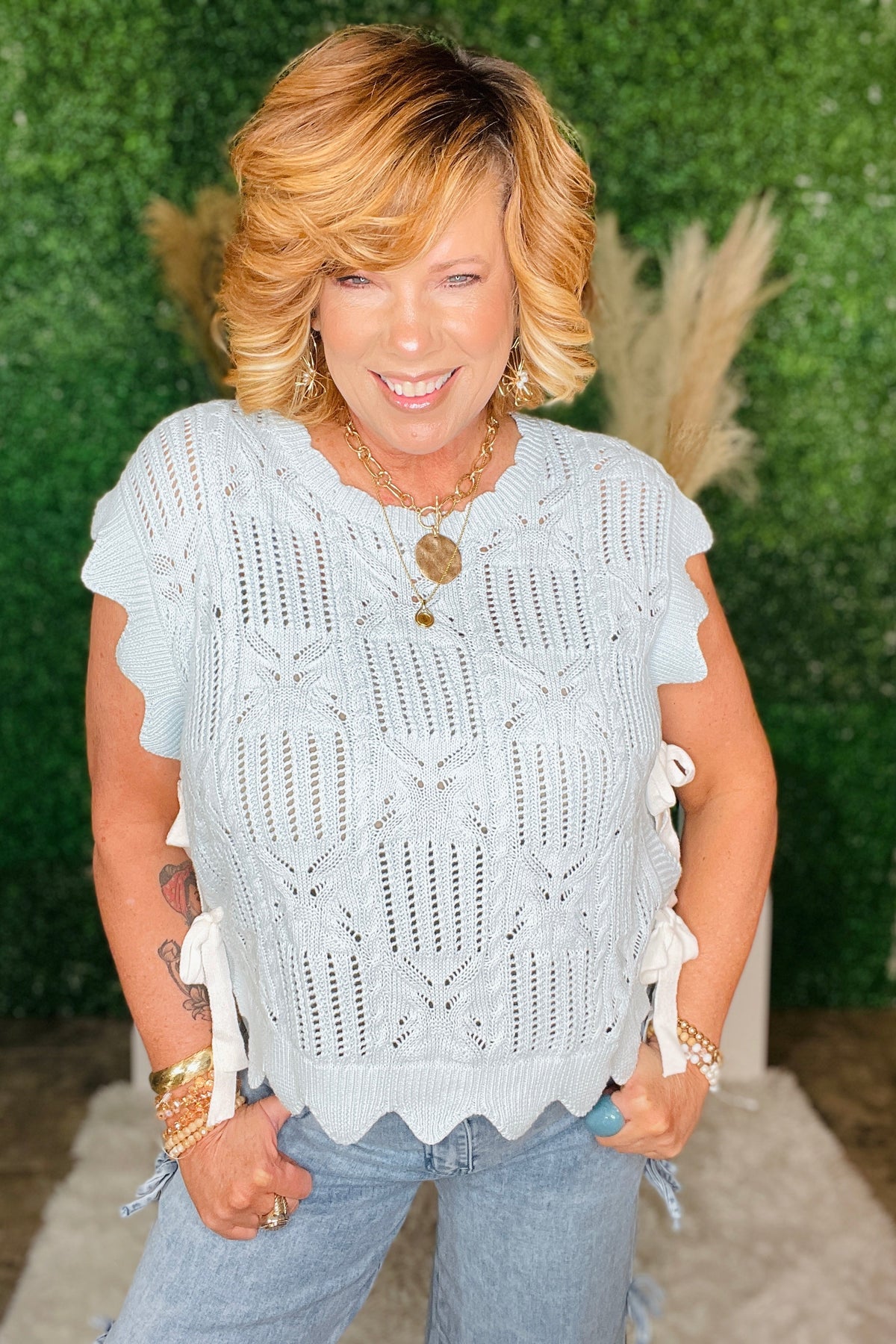 How About That Beau Blue Knit Bow Top