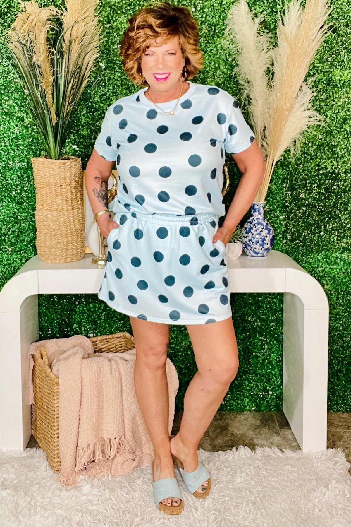 It's Spot On Sky Blue Polka Dot Top And Skort 2pc Set