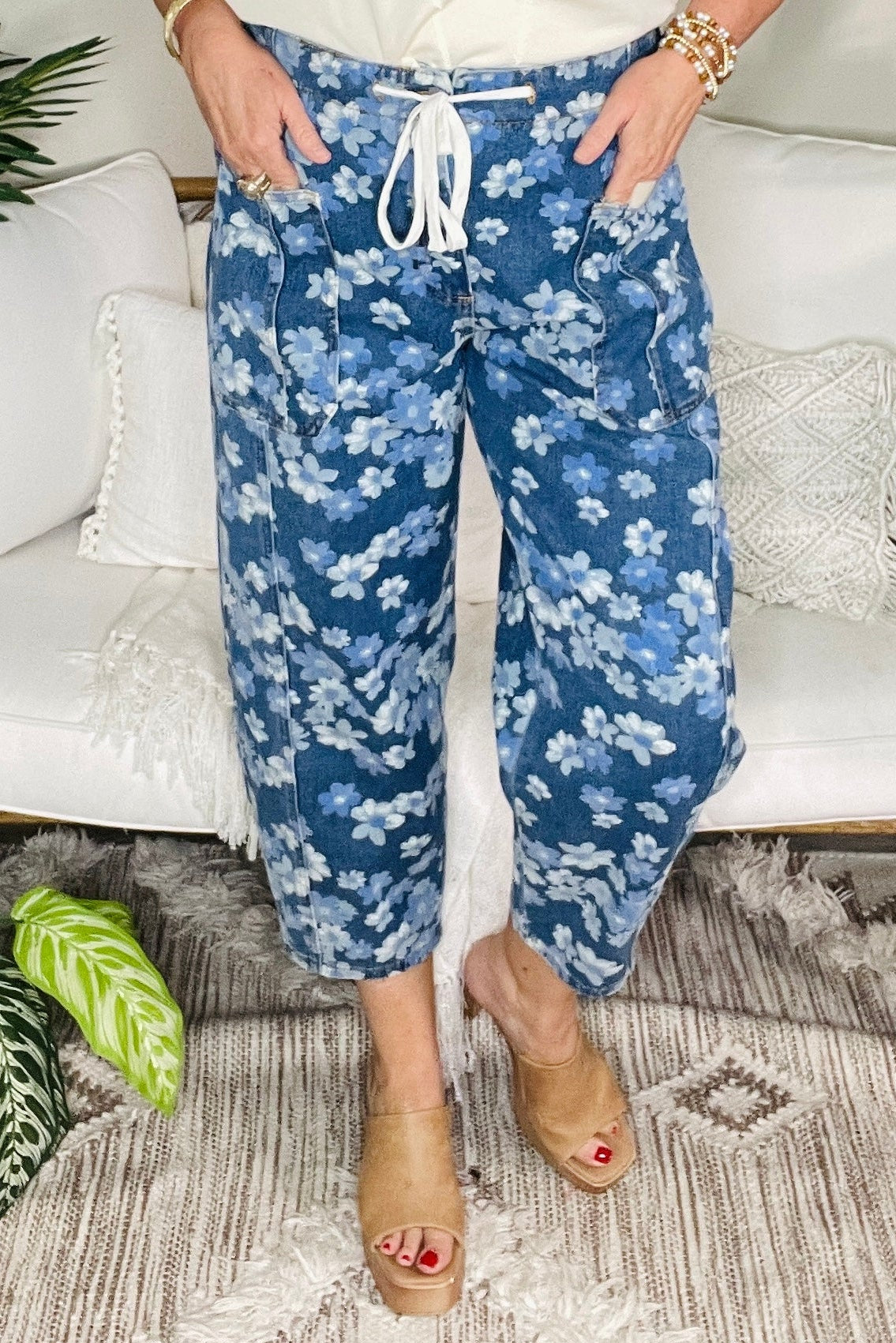 Boho Living Floral Printed Drawstring Barrel Jeans