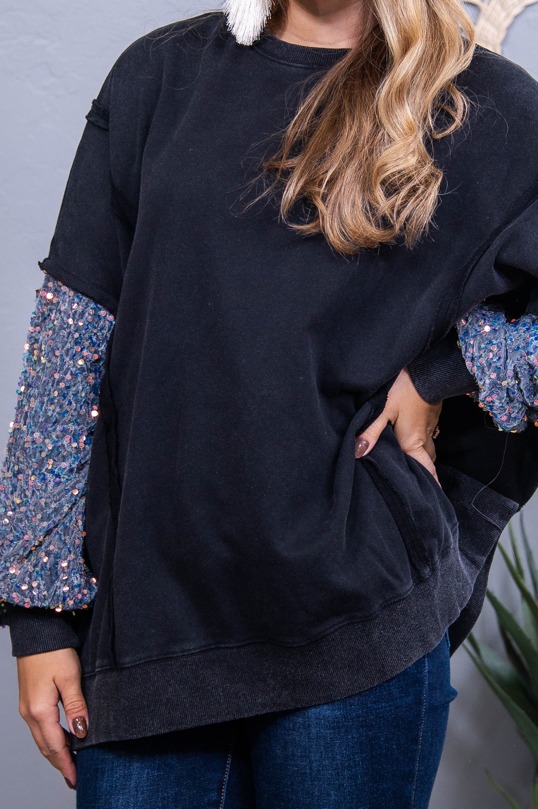Full Of Character Black/Multi Color Velvet/Sequin Top - T10611BK